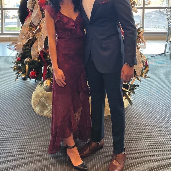 Lulus Burgundy Floral Jacquard Ruffled Maxi Dress - Picture 3 of 6